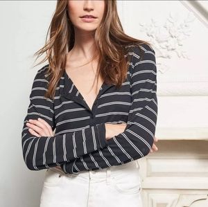 La Ligne Boyfriend Henley Black White Striped Long Sleeve Top